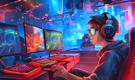 Cyberpunk gamer playing online games on computer. 3d renderingの素材