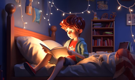 Boy reading a book in his bed at night. 3d renderingの素材