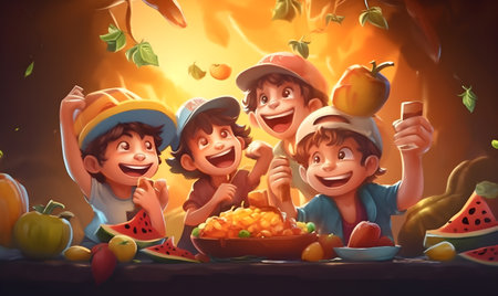 Happy kids eating fruits and vegetables. Healthy food concept. 3D renderingの素材