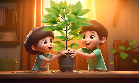 Two boys planting a tree in the living room. 3d illustrationの素材