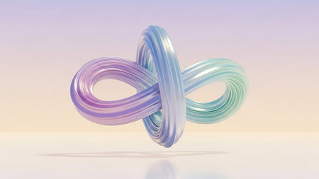 A vibrant 3D rendering showcases an abstract form, featuring interwoven loops and a soft gradient of colors. The artwork displays a smooth, glossy texture and a clean composition against a blurred background. Suitable for various applications, it could be used in design projects, presentations, or as a visual element.の素材