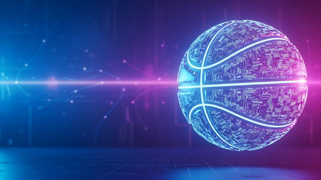 A digitally rendered basketball showcases a futuristic aesthetic with glowing lines and a cybernetic texture. The artwork utilizes vibrant blue and pink hues, suggesting a high-tech environment. This image could be used for conceptual designs, technology presentations, or sports-related visuals.の素材