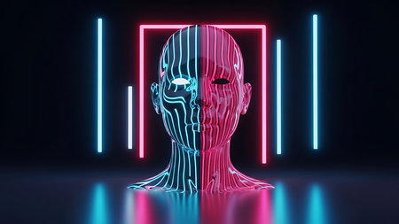 An artistic representation features a split face composed of vibrant neon lines. The composition includes geometric shapes that surround the central figure, set against a dark backdrop. This visual might be suitable for technology presentations or conceptual illustrations, conveying futuristic design elements.の素材