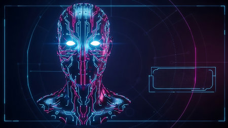 An artistic digital rendering depicts a human face overlaid with glowing circuits. The image utilizes vibrant blue and pink hues, suggesting a technological environment. The composition employs a futuristic aesthetic with clean lines and subtle lighting, suitable for various editorial and commercial applications.の素材