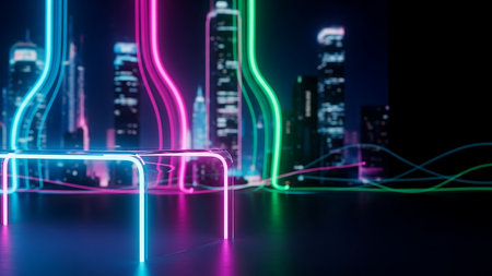An artistic depiction presents a futuristic cityscape, highlighted by flowing neon trails in hues of pink, blue, and green. The composition showcases a modern urban setting, potentially illustrating technological advancements. Ideal for a variety of visual applications, including promotional materials and website design, this image conveys a sense of innovation.の素材