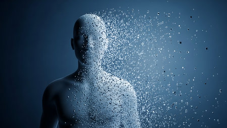 An illustration depicts a human figure dissolving into particles, set against a dark backdrop. The composition features a neutral color palette. This image could be used for conceptual designs, illustrating themes of technology, data, or the ephemeral nature of identity, suitable for diverse commercial applications.の素材