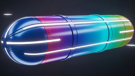 A digital rendering showcases a cylindrical capsule featuring a gradient of colors including blue, purple, and green. The smooth, reflective surface is accented by bright white linear elements. The image suggests a modern, technology-focused concept, suitable for various commercial applications and design projects.の素材