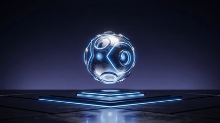 A futuristic orb with bright glowing lines hovers above a platform in a dark setting. The design incorporates geometric shapes and a metallic texture, accentuated by cool blue lighting. This image suggests technological advancements and could be suitable for various commercial applications, including website design and promotional materials.の素材