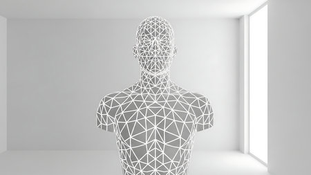 An abstract, geometric human bust constructed from a wireframe network is the central focus. The image showcases a neutral color palette dominated by white, with clean lines and a modern aesthetic. The interior setting features ample light, hinting at a studio or gallery context, and suitable for commercial, editorial, and design applications.の素材
