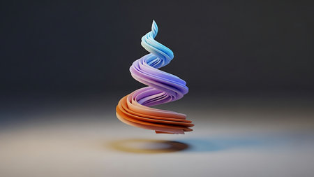 A dynamic swirl sculpture composed of blended hues is presented against a dark, neutral backdrop. The artwork showcases a gradient color palette, transitioning from orange to blue. The composition is likely intended for use in design, marketing, or visual communication projects, offering a modern aesthetic and adaptable visual element.の素材