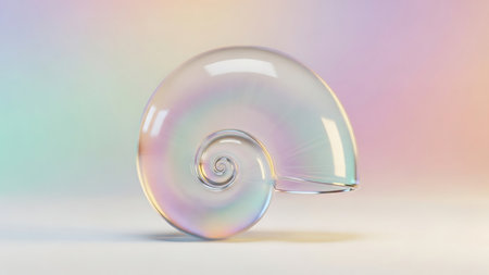 A translucent seashell is the focal point, exhibiting a spiral form and an iridescent display of colors. The object sits against a soft, pastel-colored background, with subtle lighting enhancing the smooth texture. This image could be suitable for various design projects or as a decorative element with potential use in editorial content.の素材