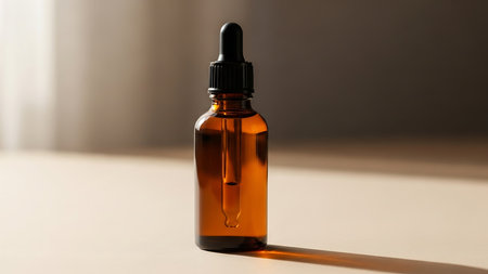 A close-up shot showcases an amber glass bottle with a black dropper. The bottle casts a shadow on a beige surface, illuminated by soft sunlight. This image emphasizes the product's design, suitable for cosmetic or skincare advertising and various commercial applications.の素材