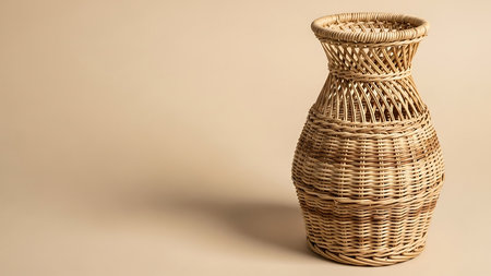 A handcrafted woven vase stands isolated against a neutral beige background. The object features a natural, textured appearance with a warm color palette. The composition includes ample copy space suitable for various design applications. This image could be used for decorative, craft-related, or editorial purposes.の素材