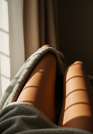 Legs of a young woman wrapped in a soft blanket on the windowsillの素材