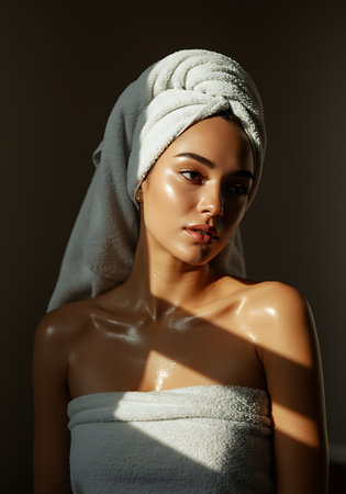 beautiful young woman with towel on head looking at camera isolated on greyの素材