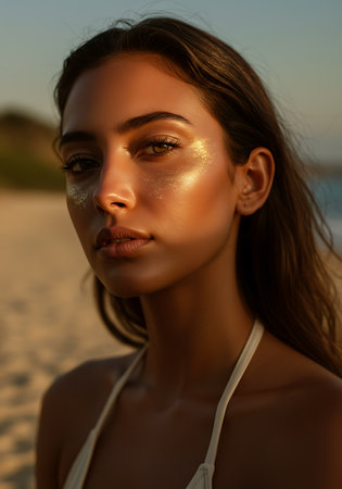 Portrait of a beautiful young woman with golden glitter makeup on her faceの素材