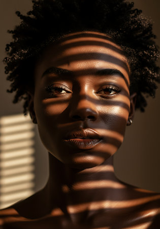 beautiful african american woman in blinds looking at cameraの素材