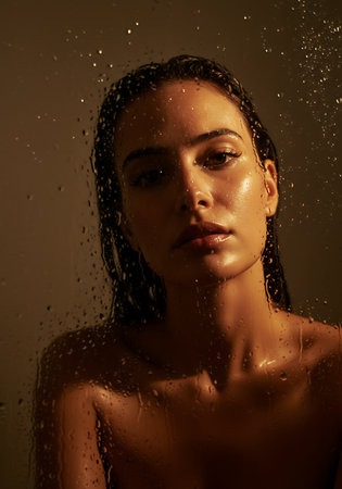 Beautiful young woman in shower behind glass covered with water drops.の素材