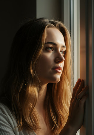 beautiful young woman looking out the window in the morning, closeup portraitの素材