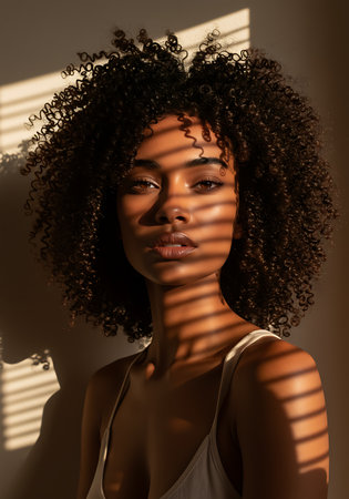Beautiful african american woman with afro hairstyle posing in sunlightの素材