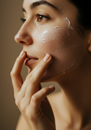 Portrait of a beautiful young woman with cream on her face.の素材