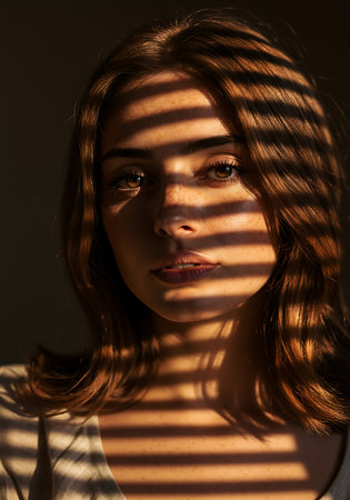 portrait of beautiful woman with shadows from blinds on face isolated on greyの素材