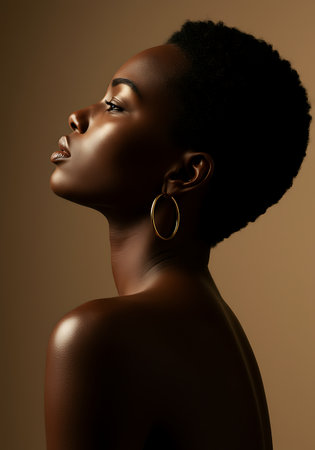 Beautiful african american woman with earring. Studio shot.の素材