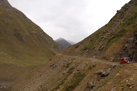 The beautiful tracks between the big mountainsの写真素材