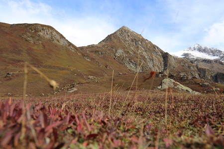 Mountains in autumn with brown and reddish grass under cloudy skyの写真素材