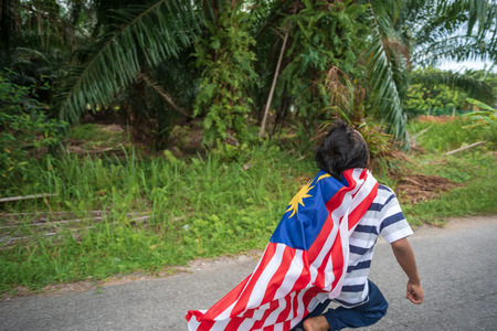 Joyful young boy with Malaysia flag in nature background. Merdeka theme, Malaysia's Independence...