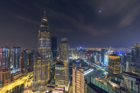 Beautiful night scene of iconic Kuala Lumpur landmark, aerial view illuminated by city light, cityscape landscape.のeditorial素材