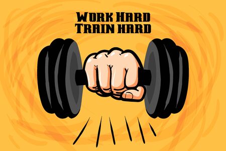vector illustration hand lifting or holding dumbbell, gym, sport concept, on textured yellow background, retro vintage classic logo style.のイラスト素材