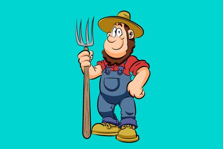 Farmer cartoon character smile, holding hoe with hat, vector illustrationのイラスト素材