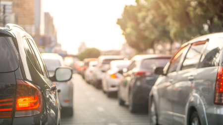 Car and traffic jam concept - Blurred row of car on evening treaffic jam hour in bangkok thailad and copyspace, Use for city and car traffic problem contentのeditorial素材