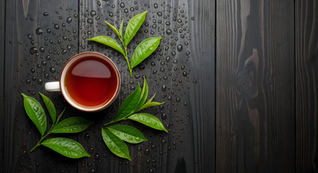 Cup of tea with green tea leaves on black wooden background.