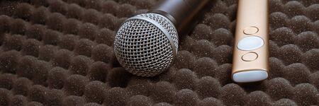 radio microphone Item stand on foam grey rubberの写真素材