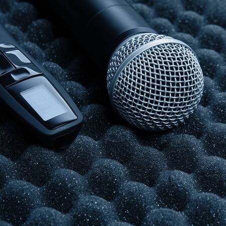 radio microphone Item stand on foam grey rubberの写真素材