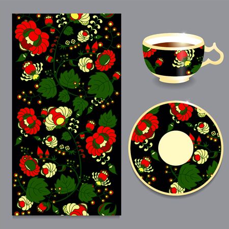 vector seamless floral russian or slavs pattern with cup and plate. stockのイラスト素材
