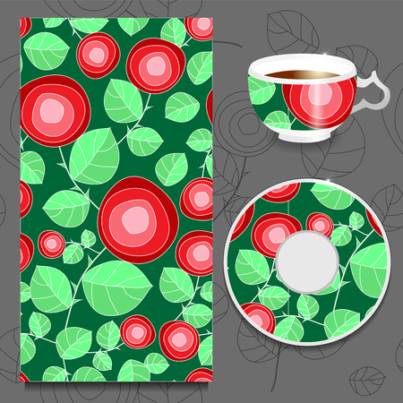 vector seamless floral russian or slavs pattern with cup and plate. stockのイラスト素材