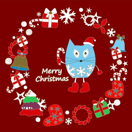 stock vector winter background with cartoon cat and, tree and gift. card, brochure, poster templateのイラスト素材