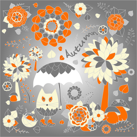 stock vector autumn background with cartoon cat, umbrella, tree and flowerのイラスト素材