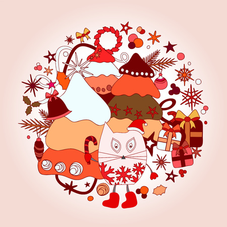 stock vector winter background with cartoon cat and, tree and gift. card, brochure, poster templateのイラスト素材