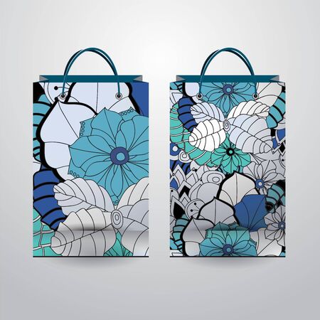 set of stock isolated paper shopping bag with  pattern on the grey backgroundのイラスト素材