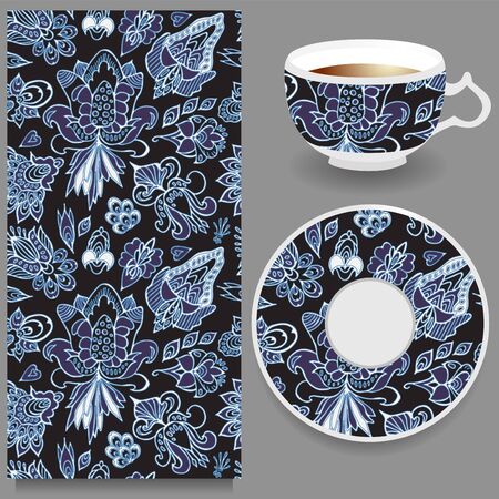 stock vector cup of coffee and seamless floral oriental ornament. hand drawのイラスト素材