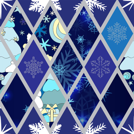 abstract seamless pathcwork tile with christmasl ornament.winter pattern with snowflakesのイラスト素材