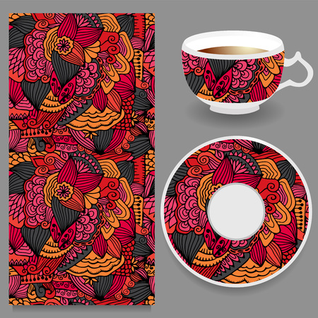 vector seamless orient floral pattern with cup and plate. russian designのイラスト素材