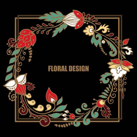 stock vector floral card design.doodl pattern with wreath flowers and leaf. russian or orient styleのイラスト素材