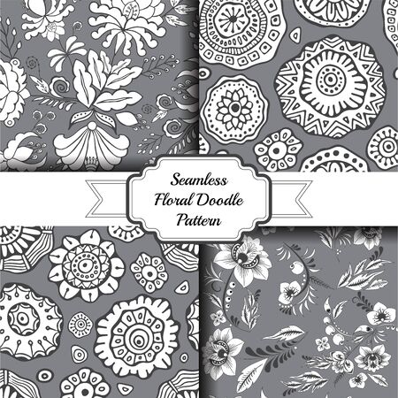set of seamless floral doodle pattern. stock vectorのイラスト素材