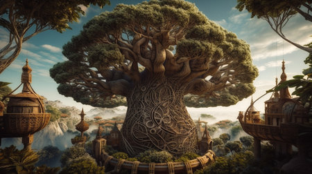 Illustration inspired from the Tree of Life from Celtic and Norse cultures, shown in a Fantasy Landscape.

3D rendering of a fantasy world with a big tree in the foregroundの素材
