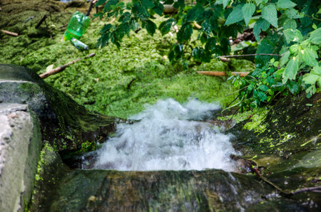 Waterfall in the forest with green moss and water in the natureの写真素材